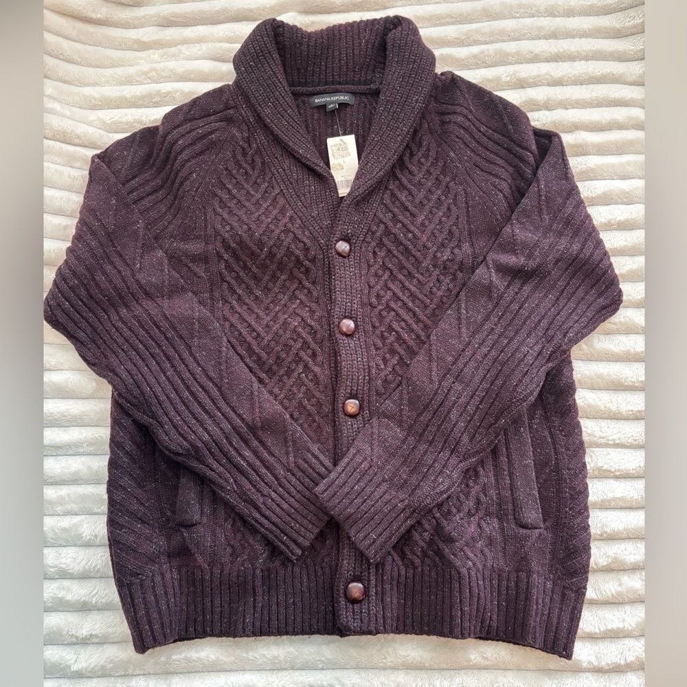 NWT Banana Republic men’s cable knit wool shawl collar cardigan sweater size L